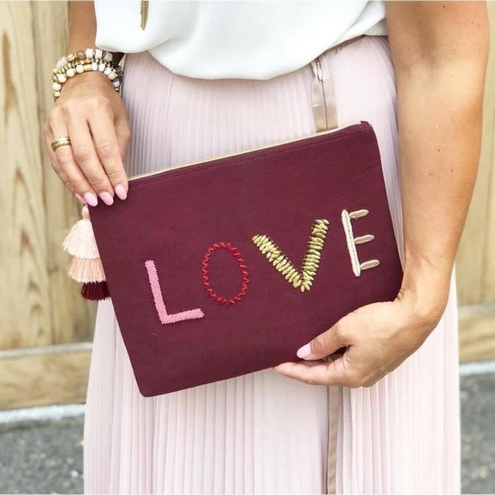 Stella and Dot Maroon Love Zipper Clutch Purse Boho Valentine's Day Bride